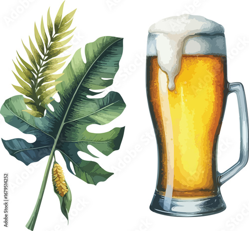 Tropical summer concept watercolor beer glass with foam and green leaves perfect for vacation illustration