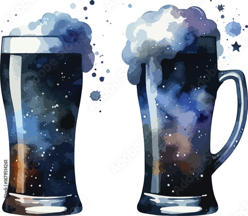 Two Galaxy Infused Beer Glasses with Cosmic Foam and Stellar Brews for Imaginative Celebrations