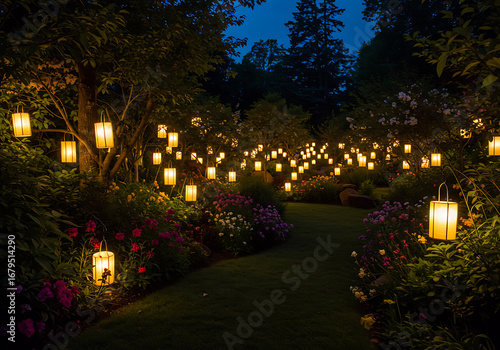 A garden path at night illuminated by numerous glowing lanterns hanging from trees and lining the flower-filled borders.
