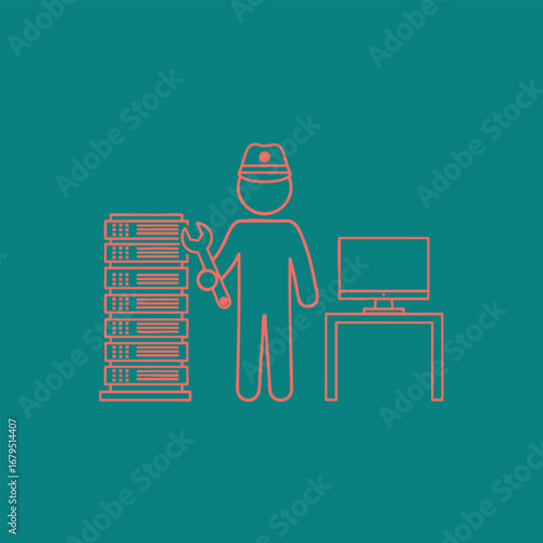 Technician working on server maintenance beside a stack of servers and a computer monitor in a tech environment