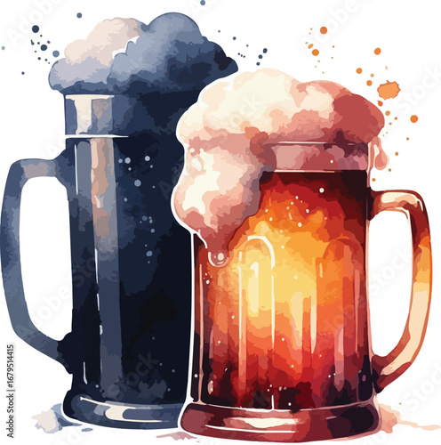Two Watercolor Beer Mugs with Frothy Heads Ideal for Craft Beer Promotion and Festive Occasions Illustration