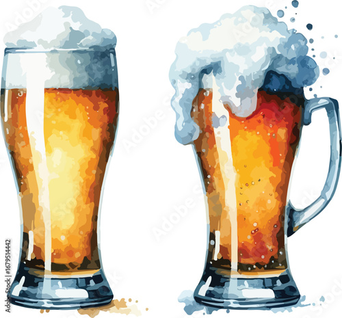 Two Watercolor Beer Glasses with Frothy Foam Refreshing Beverages for Celebration and Enjoyment Oktoberfest Festivities