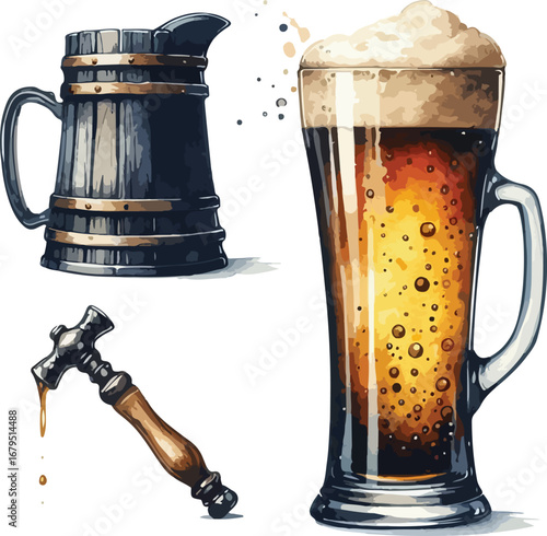 Variety of Beer Glasses with Tap and Wooden Mug Depicted in Watercolor Style For Brewery Advertising and Menu Designs