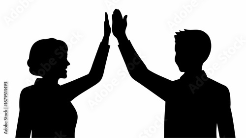 Silhouette of a woman and a man giving a high five to each other on a white background in a graphic style | editable eps vectors