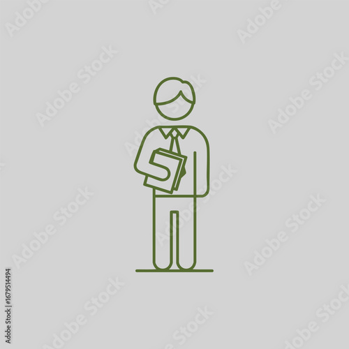 Professional individual in formal attire holding documents, standing against a minimalistic background, representing business