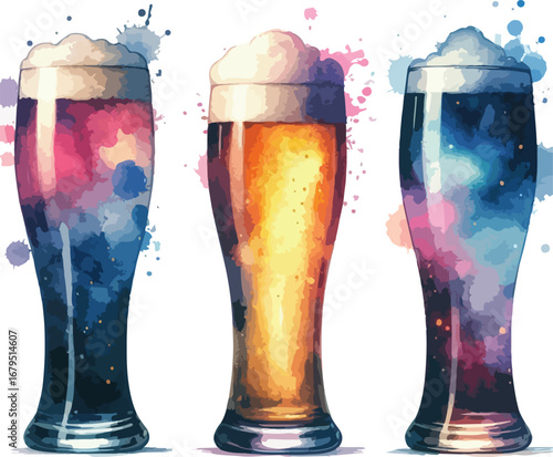 Vibrant Watercolor Beer Glasses Collection Featuring Various Craft Beer Styles and Colorful Artistic Splatters Against a Clean White Backdrop