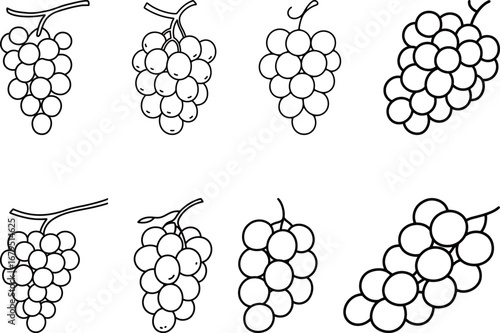 Set of black and white grape cluster illustrations. Eight unique and detailed vector drawings of fruit bunches, perfect for food-themed designs, logos, or wine labels.