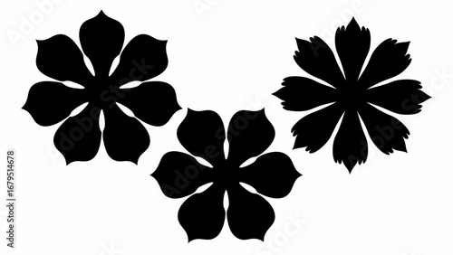 Three black floral silhouettes with varying petal shapes against a white background are displayed here | editable eps vectors