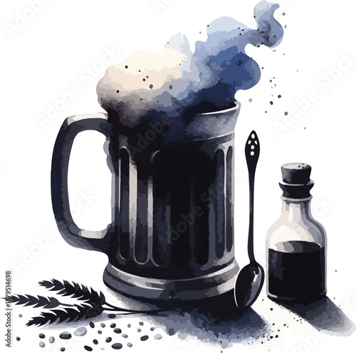 Vintage Beer Mug with Frothy Head Next to Potion Bottle and Spoon Still Life Artwork Illustration