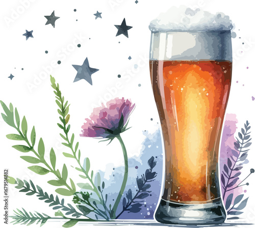 Watercolor Beer Glass Illustration with Floral and Star Accents Decorative Craft Beverage Artwork for Restaurant Menu and Festive Designs