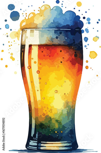 Watercolor Beer Glass Illustration with Colorful Foam and Splatters Unique Artistic Design Perfect for Breweries and Celebrations
