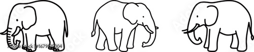 Set of cute elephant drawings. Three simple black and white vector illustrations of elephants in different poses, ideal for safari, wildlife, or children's book designs.