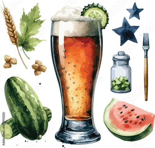 Watercolor Beer Glass with Summer Produce and Whimsical Elements Creating a Refreshing and Artistic Composition