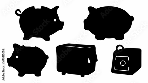 Illustration of three piggy banks, a safe and a chest, all in black silhouette on a white background | editable eps vectors