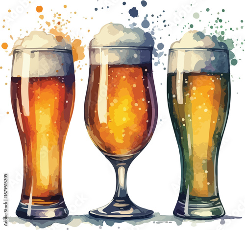 Watercolor Beer Glasses with Colorful Splatters for Oktoberfest Celebration and Craft Beer Advertising Promotion
