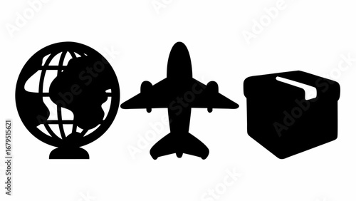 Black silhouettes of a globe, an airplane, and a box represent worldwide shipping and delivery service | editable eps vectors