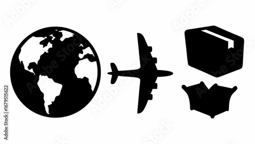 Illustration showing a globe, airplane, box, and furniture, all in black silhouette on a white background | editable eps vectors