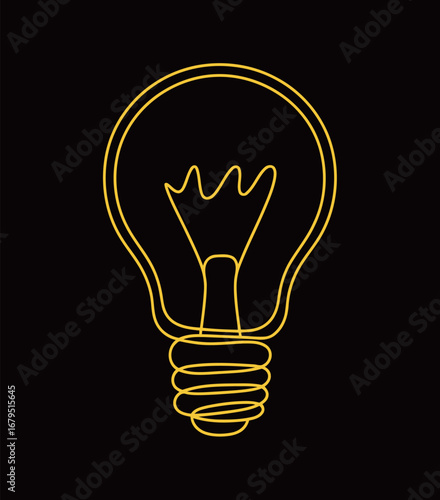 A single line drawing of a light bulb. A bright yellow vector illustration of an incandescent light bulb on a black background, representing ideas, innovation, and creativity.