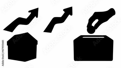 Illustration of a house with rising arrows and a hand putting a coin into a donation box isolated on white | editable eps vectors silhouette