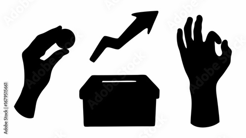 Silhouette of hand holding coin, arrow above box, and hand gesturing ok sign in black and white drawing | editable eps vectors