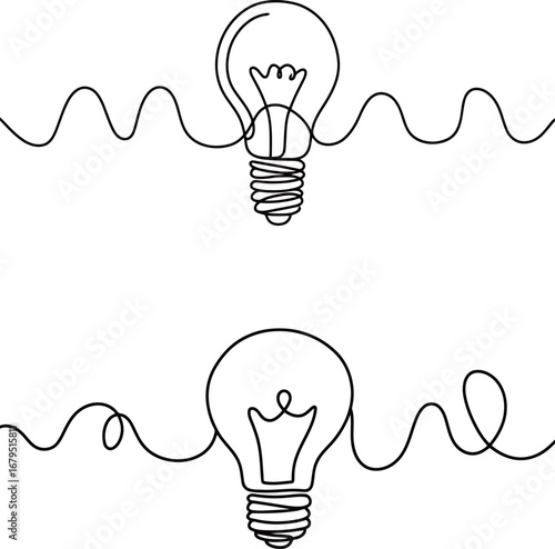 Set of light bulb drawings in a continuous single line style. Two simple and modern black and white vector illustrations of light bulbs, perfect for representing ideas, innovation, and creativity.