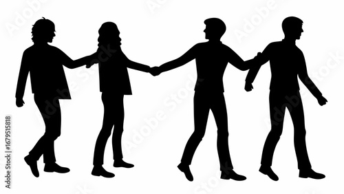 Four people walking in a line holding hands in silhouette against a white background in a simple style | editable eps vectors