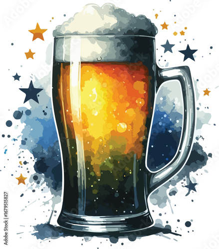 Watercolor Beer Mug Illustration Celebrating Craft Brewing and Festive Occasions with Stars and Bubbles