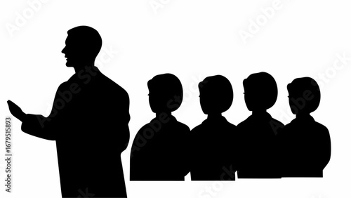 Silhouette of a man giving a presentation to a group of people in a meeting or conference setting | editable eps vectors