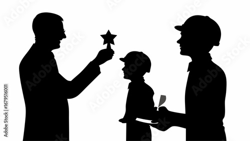 Silhouette of man presenting star to child with another man holding a document in the background | editable eps vectors