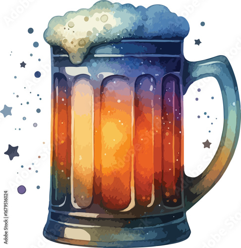 Watercolor Beer Mug Illustration with Foamy Head and Starry Accents for Celebrations and Festive Occasions