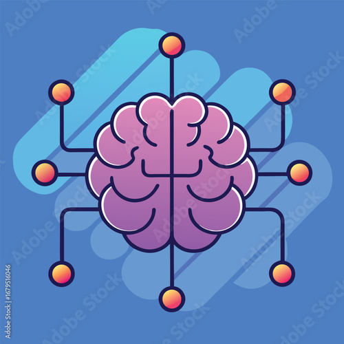 Vector AI brain with gradient neon effect, connected nodes representing artificial intelligence networks