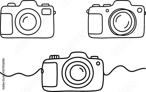 Set of black and white camera illustrations. Three unique vector line drawings of DSLR cameras, ideal for photography, technology, or creative hobby-themed designs.
