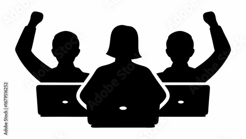 Three people silhouette with laptops and raised fists showing celebration or success in black and white art | editable eps vectors
