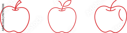 Set of minimalist apple drawings. Three red line art vector illustrations of apples, including one with a bite, perfect for healthy food, technology, or simple graphic designs.