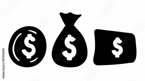 Illustration of a coin, money bag, and card each containing a dollar sign in a simple black design | editable eps vectors silhouette