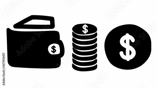 Illustration of a wallet with a dollar sign, a stack of coins, and a single coin with dollar sign | editable eps vectors silhouette