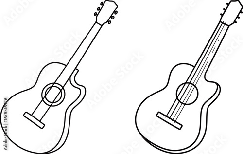 Set of acoustic guitar illustrations. Two black and white vector line drawings of acoustic guitars, ideal for music, hobby, or creative-themed designs.