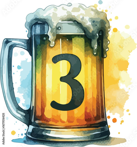 Watercolor Beer Mug Illustration with Number Three Graphic for Bar and Restaurant Promotion or Oktoberfest Celebration Artwork