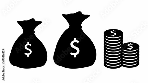 Two money bags with dollar sign and two stacks of coins with dollar sign in black silhouette style | editable eps vectors