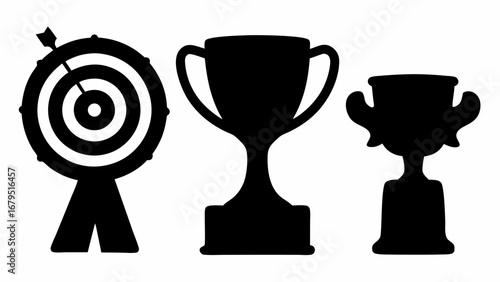 Silhouette illustration of a target with arrow and two trophy cups in a row on a white background | editable eps vectors