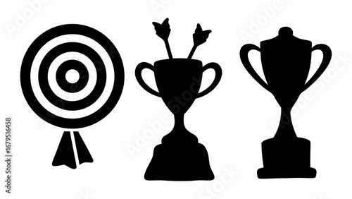 Black silhouette of a target with two trophies and a trophy with arrows in a white background scene | editable eps vectors