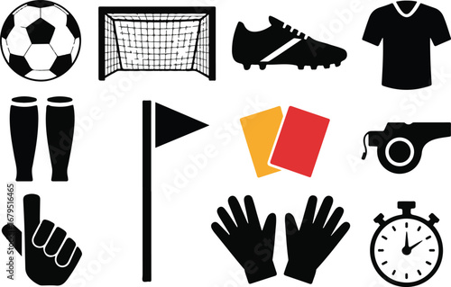 Soccer Game Essentials Vector Illustration Set with Ball, Goal, and Referee Gear