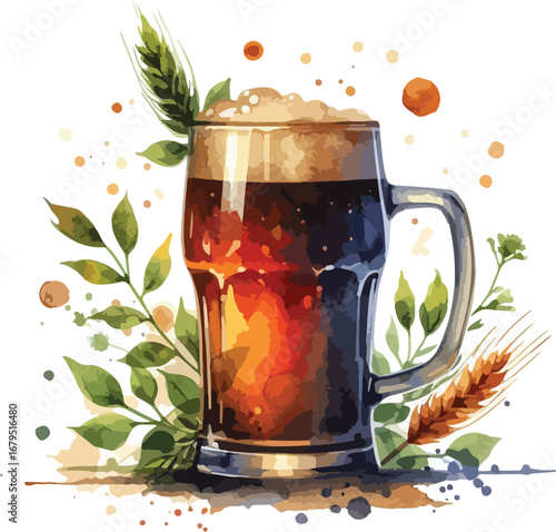 Watercolor Beer Mug Illustration with Wheat and Greenery Oktoberfest Style Celebration Drink Detailed Digital Art Background for Menu or Invitation