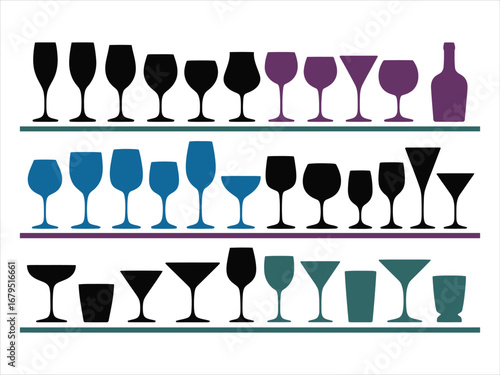Various glassware and bottle silhouettes wine martini