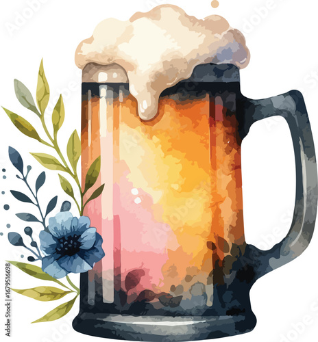 Watercolor Beer Mug with Floral Accent Illustration Fresh Brew Refreshment Celebration Pint Glass Lager Alcohol Beverage Summer Party Isolated on White Background