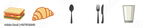 Food icons including sandwich, croissant, utensils, and glass  