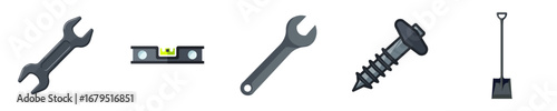 Various tools including wrench, level, screw, and shovel 