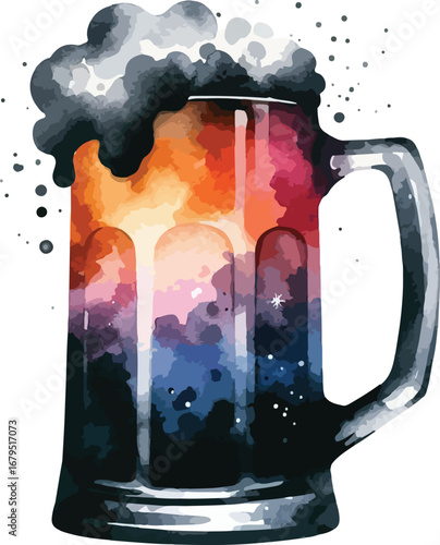 Watercolor Beer Mug with Galaxy Fillings Artistic Illustration for Celebrations and Creative Designs and Beverage Advertising Projects