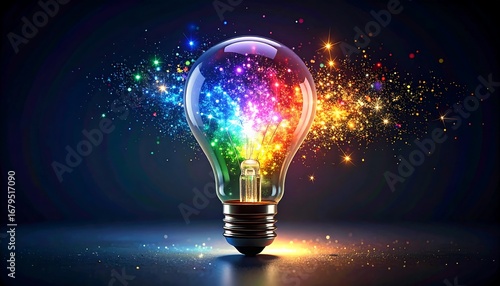 Glowing lightbulb filled with a rainbow swirl of vibrant, colorful particles, set against a dark background with light sparkles. Sparks radiate outward, conveying energy and inspiration