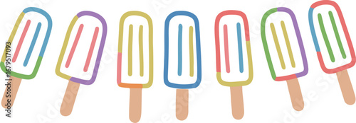 Set of colorful popsicles. A row of delicious, vibrant, and unique popsicles, perfect for summer, dessert, or food-themed graphic designs and invitations.